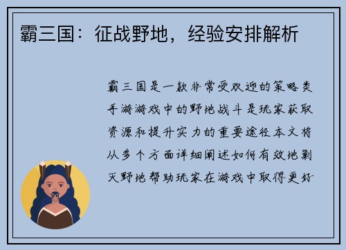 霸三国：征战野地，经验安排解析